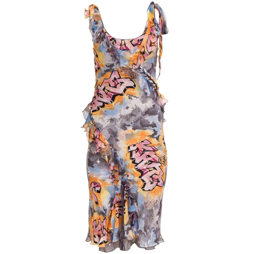 Christian Dior 2004 Kaos Graffiti Print Lace-up Ruffle Midi Dress